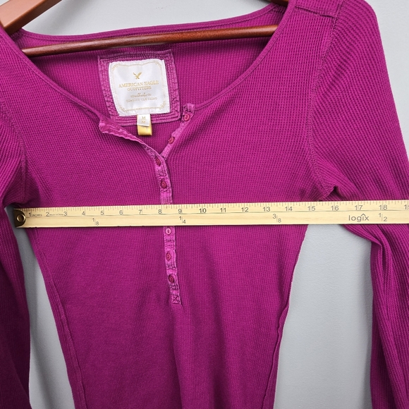 American Eagle Outfitters Y2K Long Sleeve Waffle Knit Thermal Top Pink Womens M - Picture 7 of 11